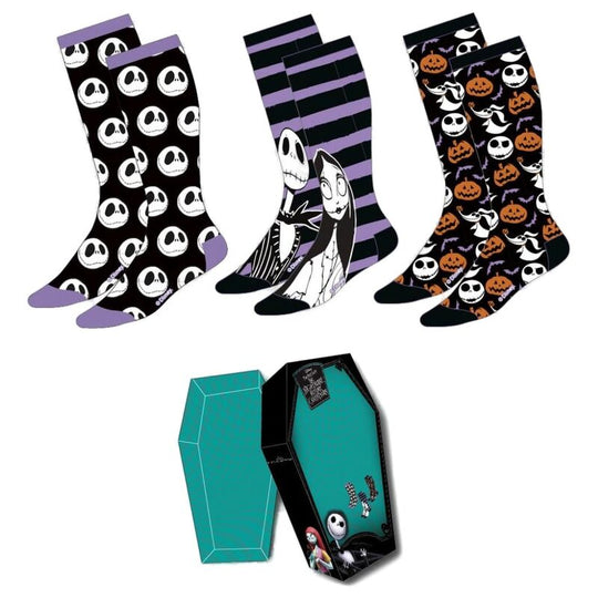 Pack de 3 chaussettes adultes Disney Nightmare Before Christmas avec motifs variés sur fond blanc, marque CERDÁ.