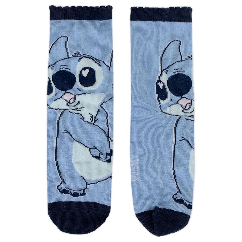 Chaussettes taille 31-34 montrant le design Stitch sur fond bleu vif et confort optimal