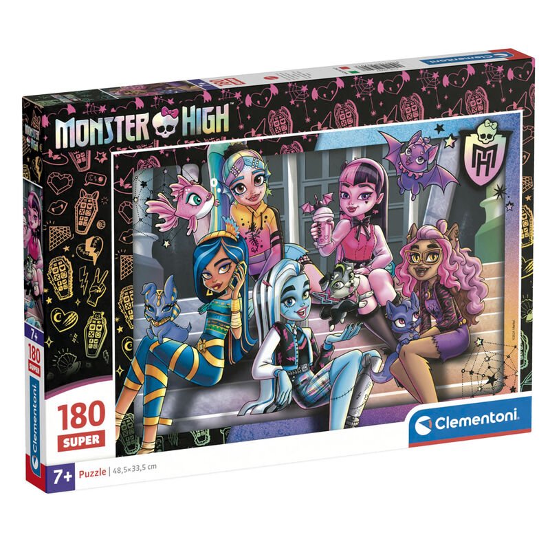 Puzzle Monster High 180 pièces CLEMENTONI avec illustration colorée, dimensions 48,5x33,5 cm, prêt à être assemblé.