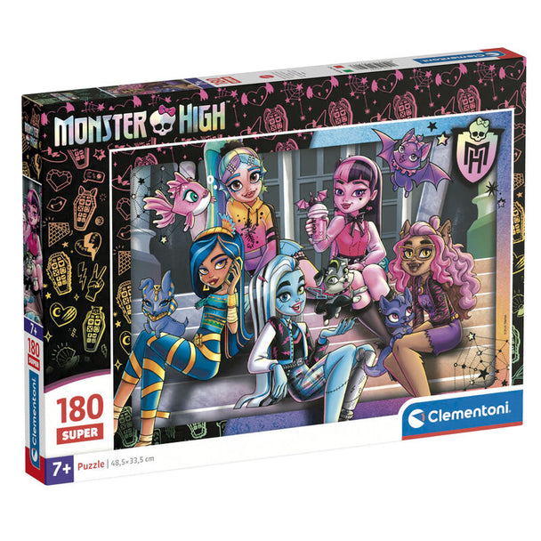 Puzzle Monster High 180 pièces CLEMENTONI avec illustration colorée, dimensions 48,5x33,5 cm, prêt à être assemblé.