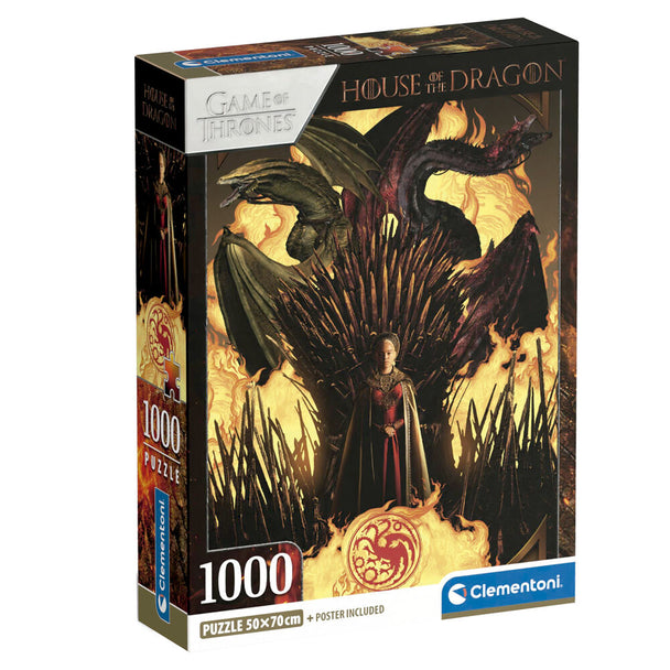 Puzzle La Casa del Dragon 1000 pièces de CLEMENTONI montrant une scène emblématique de Game of Thrones, dimensions 70x50cm.