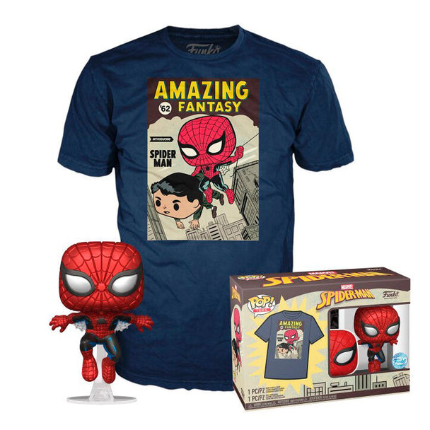 Set Marvel Spiderman Comic Cover comprenant un T-shirt à l'effigie de Spiderman et une figurine POP FUNKO détaillée.