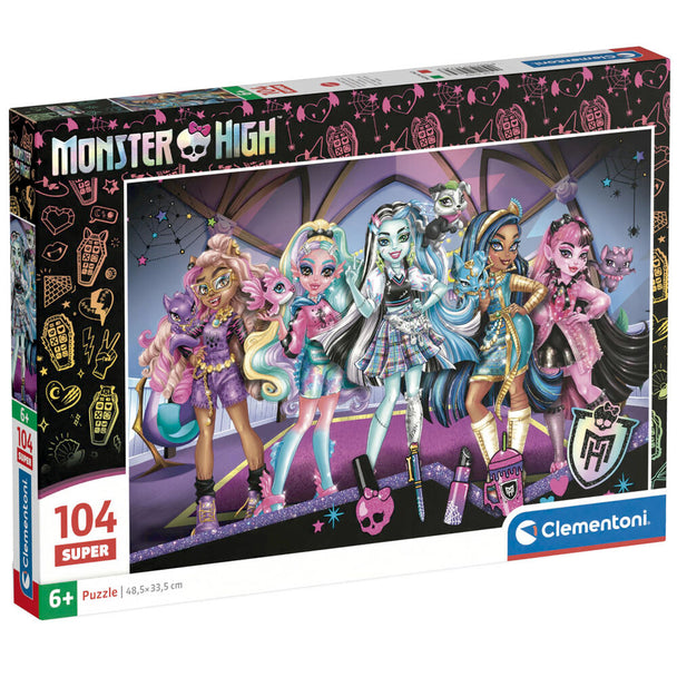 Puzzle Monster High de 104 pièces assemblé montrant un design coloré et détaillé sur fond blanc.