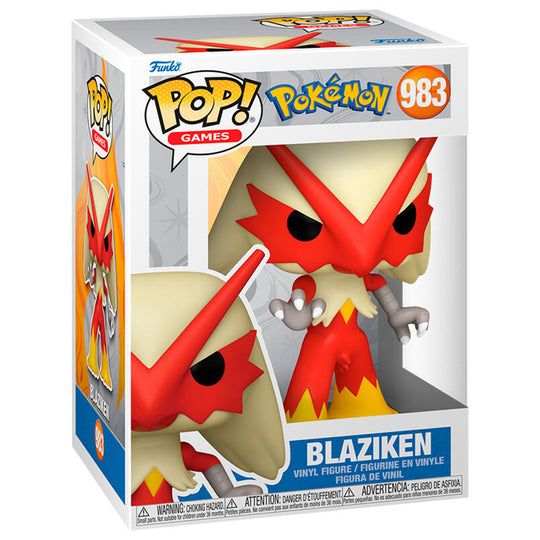 Vue rapprochée de la figurine Pokémon Blaziken Funko POP montrant les détails et couleurs vives