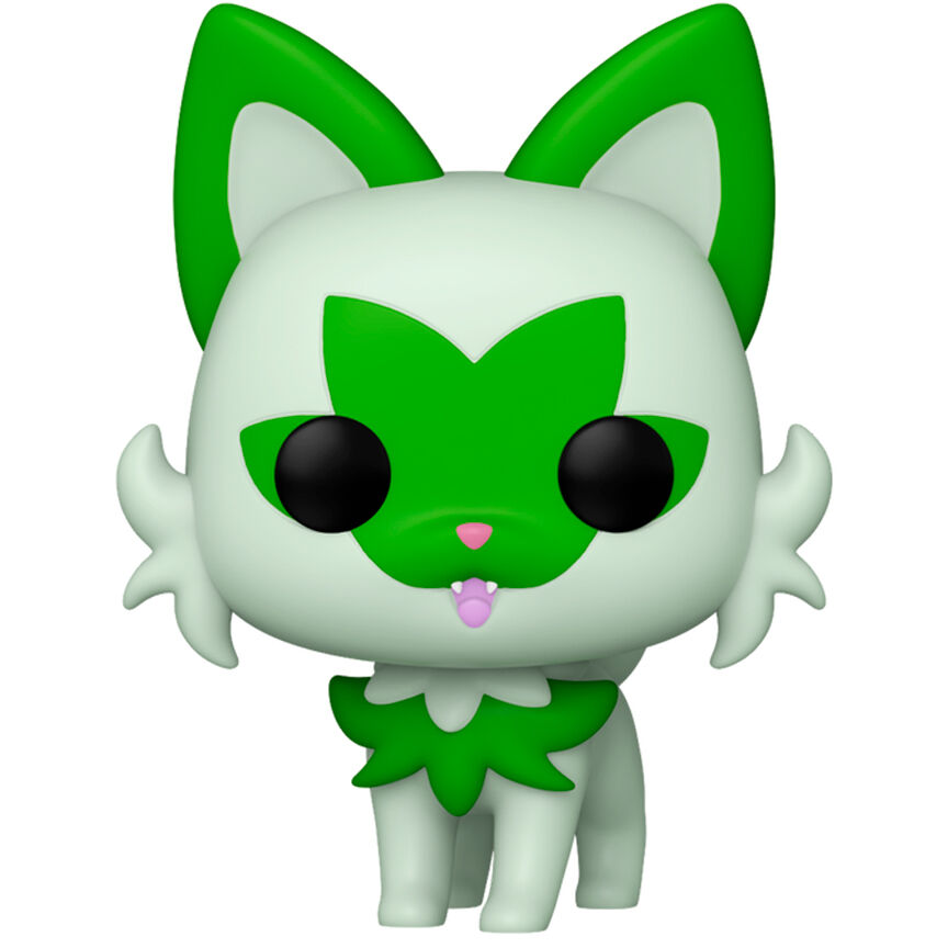 Figurine Funko POP Sprigatito Pokémon en vinyle de 9cm sur fond blanc avec boîte cadeau visible