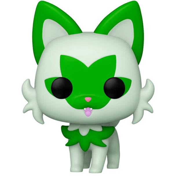 Figurine Funko POP Sprigatito Pokémon en vinyle de 9cm sur fond blanc avec boîte cadeau visible