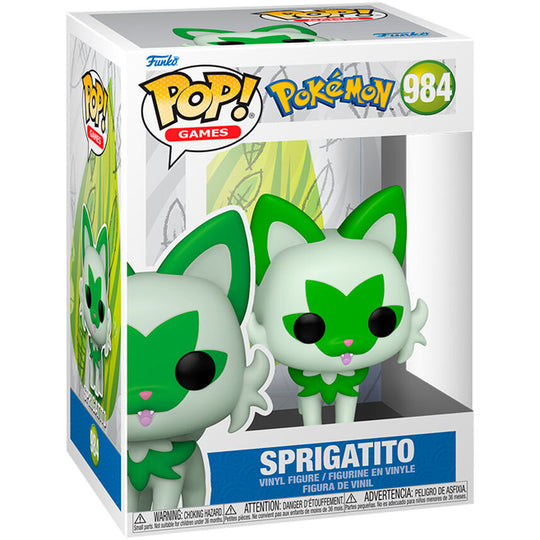 Vue rapprochée de la figurine Funko POP Sprigatito Pokémon montrant les détails du design et la boîte d'emballage