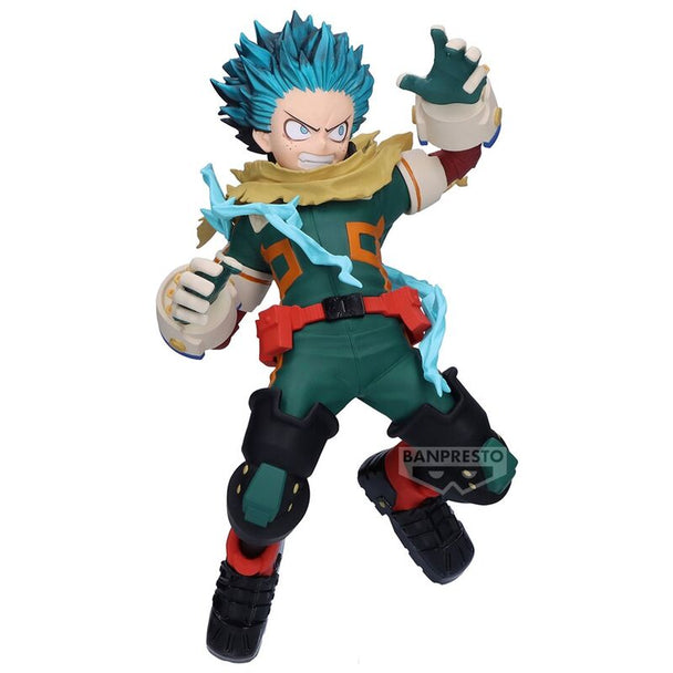 Vue latérale de la figurine Deku montrant sa pose héroïque et les couleurs vives de la tenue