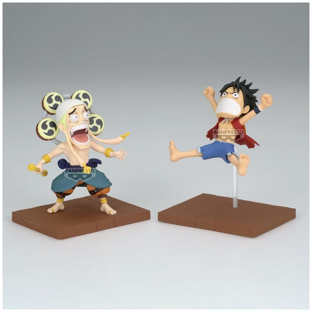 Gros plan sur la figurine Monkey D Luffy montrant son expression dynamique et ses vêtements fidèles