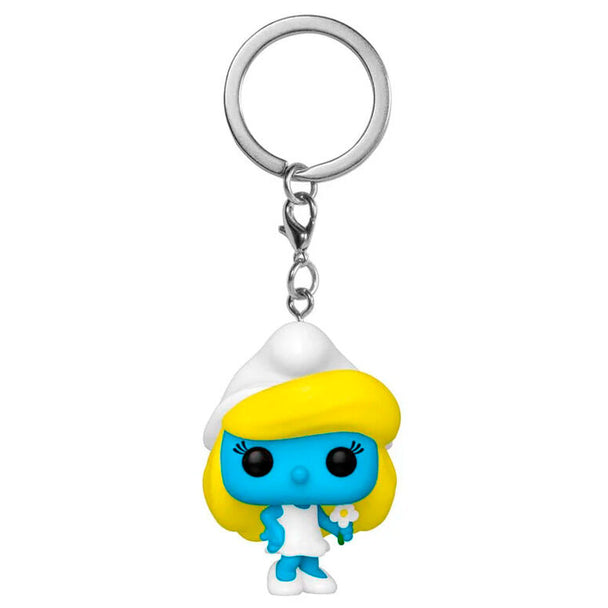 Vue de face du porte-clés Funko Pocket POP Pitufina, figurine miniature attachée à un anneau métallique