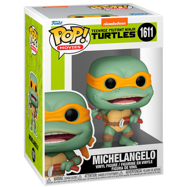 Figurine Funko POP Michelangelo des Tortues Ninja en vinyle de 9 cm présentée dans sa boîte cadeau.