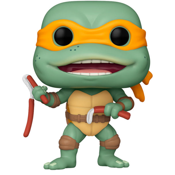 Vue rapprochée de la figurine Funko POP Michelangelo Teenage Mutant Ninja Turtles avec détails colorés.