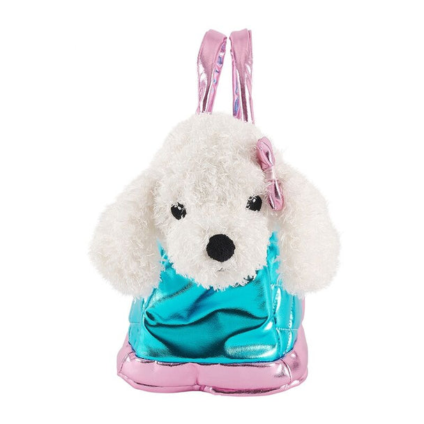 Détail de la peluche chien Didi bleu attachée au sac Han Bag, montrant la texture douce du tissu.