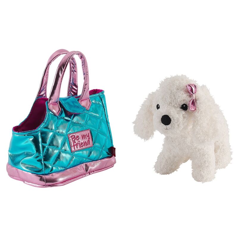 Vue latérale du sac Han Bag PERLETTI avec peluche chien Didi, mettant en avant la taille compacte de 28cm.