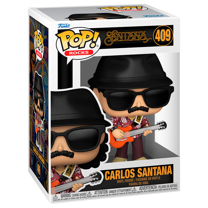 Figurine Funko POP Carlos Santana en vinyle de 9 cm dans sa boîte cadeau, vue de face avec détails précis