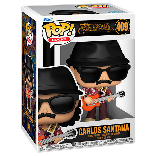 Figurine Funko POP Carlos Santana en vinyle de 9 cm dans sa boîte cadeau, vue de face avec détails précis