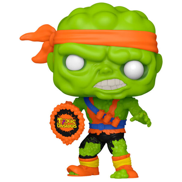Vue rapprochée de la figurine Funko POP Toxie Toxic Crusaders montrant les détails du visage et du costume