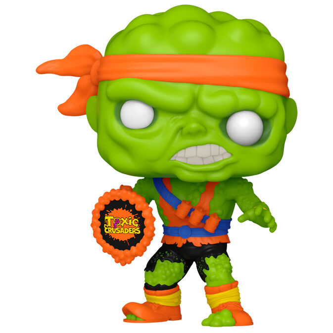 Vue rapprochée de la figurine Funko POP Toxie Toxic Crusaders montrant les détails du visage et du costume
