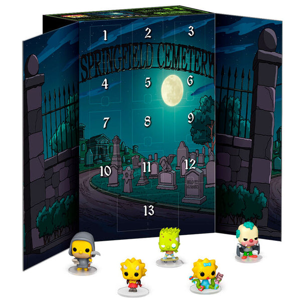 Vue rapprochée de plusieurs figurines Funko Pocket Pop des personnages célèbres des Simpson incluses dans le calendrier de l'Avent