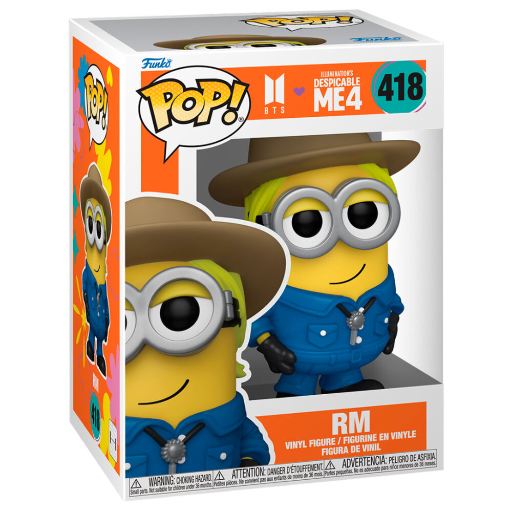Vue rapprochée de la figurine Funko POP Minion RM en vinyle, parfaite pour les collectionneurs et fans de Despicable Me 4