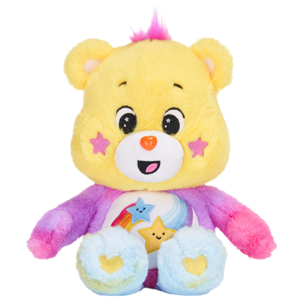 Peluche Care Bears Laughing Bear de 25 cm en tissu doux, aux couleurs vives et au sourire joyeux, vue de face.