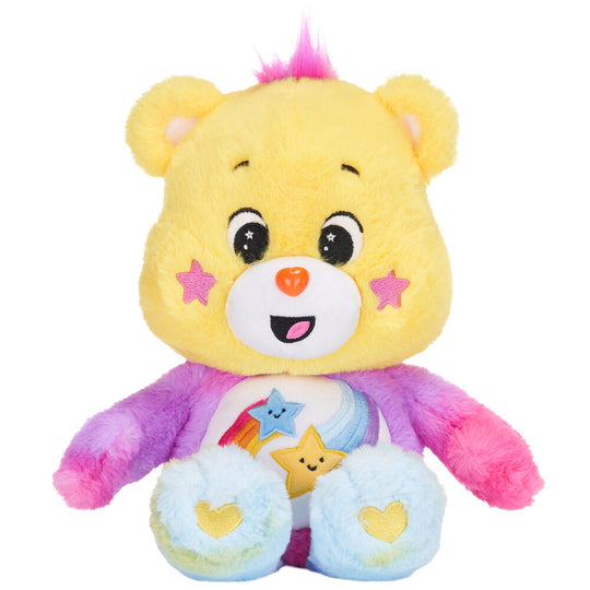 Peluche Care Bears Laughing Bear de 25 cm en tissu doux, aux couleurs vives et au sourire joyeux, vue de face.