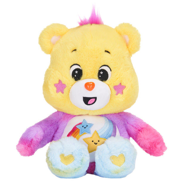Peluche Care Bears Laughing Bear de 25 cm en tissu doux, aux couleurs vives et au sourire joyeux, vue de face.