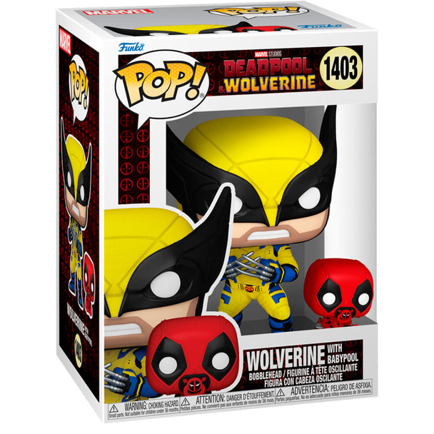 Vue rapprochée de la figurine Funko POP Marvel Wolverine avec Babypool, détails précis et couleurs vives