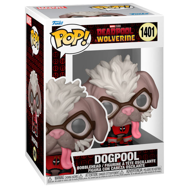 Figurine Funko POP Marvel Deadpool & Wolverine Dogpool en vinyle de 9 cm, présentée dans sa boîte cadeau colorée et détaillée.