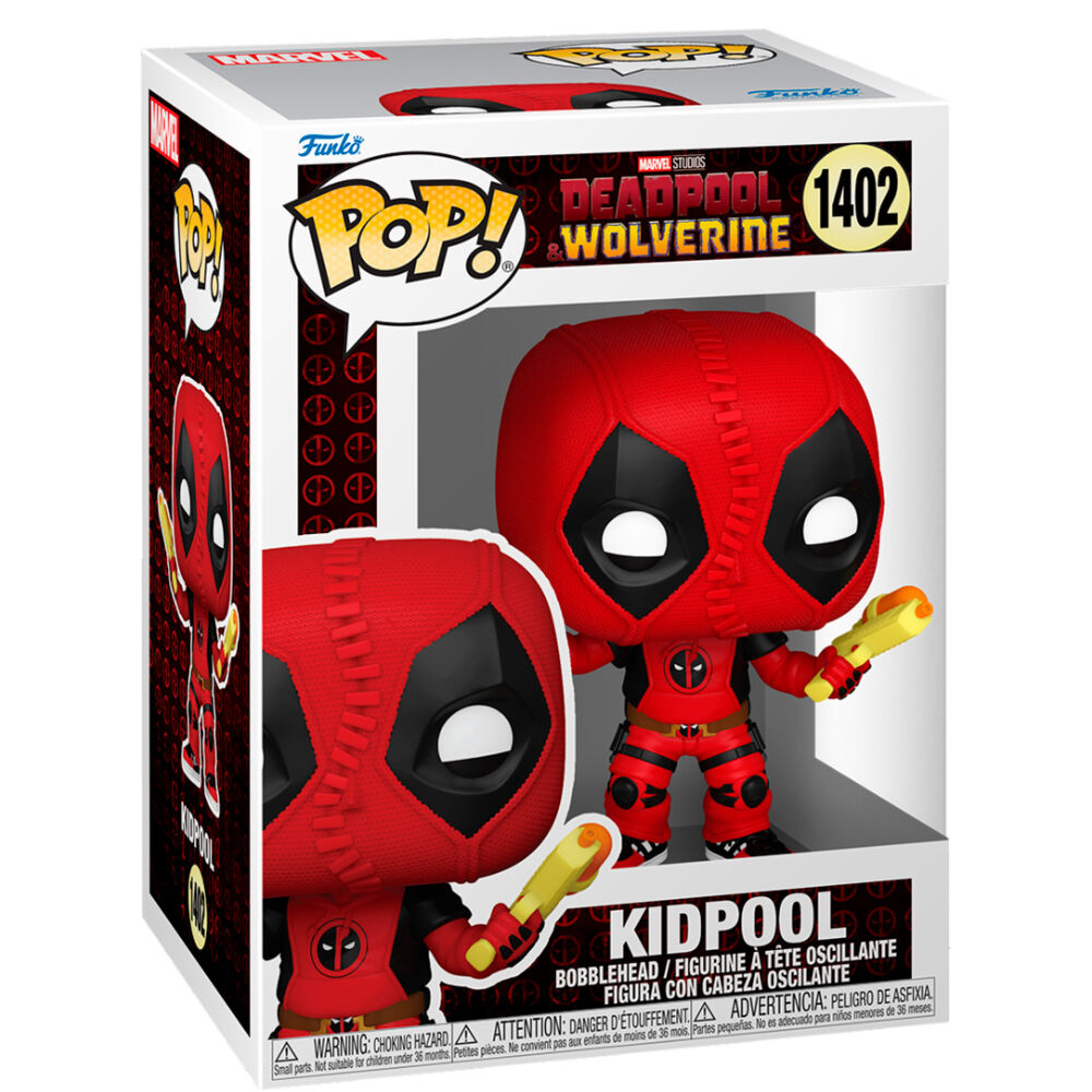 Vue rapprochée de la figurine Funko POP Deadpool & Wolverine Kidpool avec détails colorés et design unique