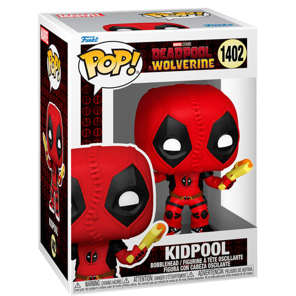 Vue rapprochée de la figurine Funko POP Deadpool & Wolverine Kidpool avec détails colorés et design unique