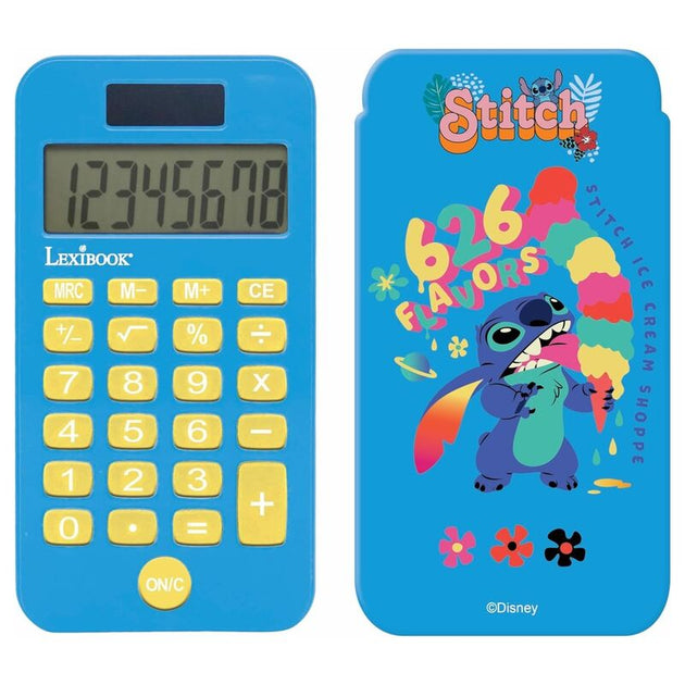 Vue de face de la calculatrice Disney Stitch LEXIBOOK avec écran et boutons visibles