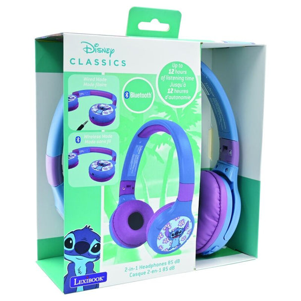 Casque Bluetooth sans fil Disney Stitch LEXIBOOK avec design coloré et pliable, idéal pour enfants.
