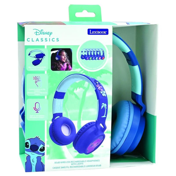 Casque Bluetooth Disney Stitch LEXIBOOK avec oreilles lumineuses allumées sur fond blanc