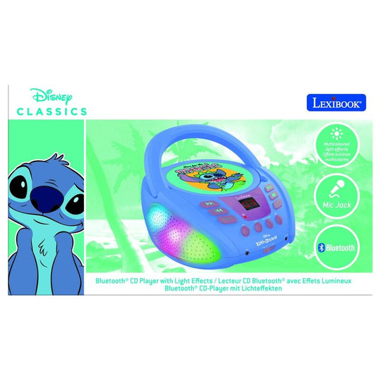 Lecteur CD Disney Stitch LEXIBOOK en design bleu avec haut-parleurs intégrés sur fond blanc