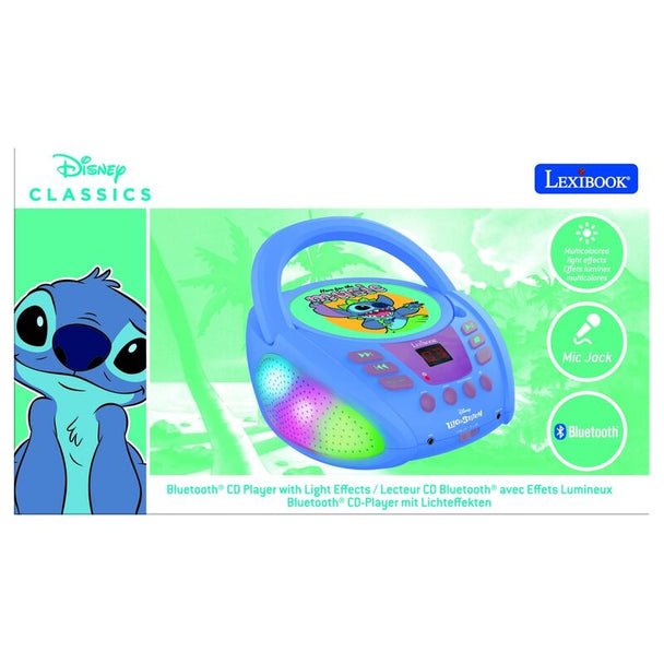 Lecteur CD Disney Stitch LEXIBOOK en design bleu avec haut-parleurs intégrés sur fond blanc
