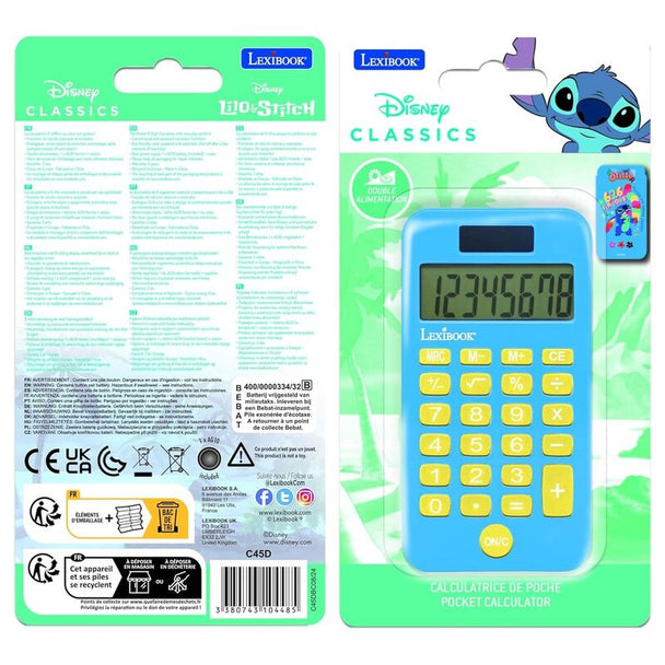 Zoom sur le design coloré de Stitch imprimé sur la calculatrice solaire LEXIBOOK