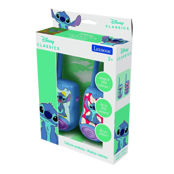 Vue rapprochée du walkie talkie Disney Stitch montrant l'écran et les détails ergonomiques