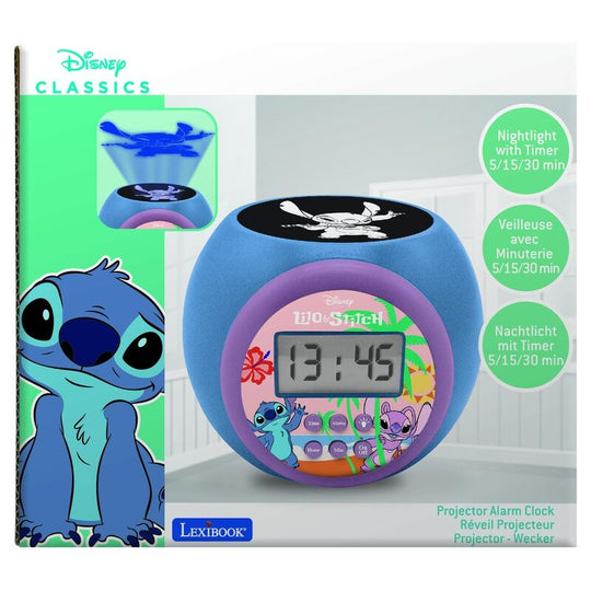 Réveil Stitch Disney en fonctionnement avec projection d'image sur le mur dans une chambre d'enfant