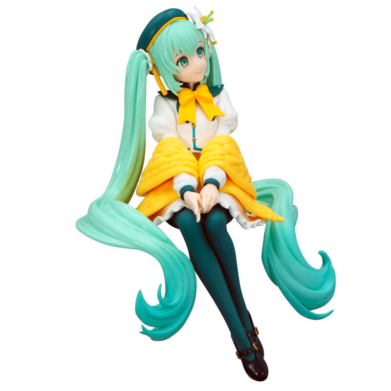 Figurine Hatsune Miku Flower Fairy Lily White posée sur un bol de nouilles en tant que noodle stopper