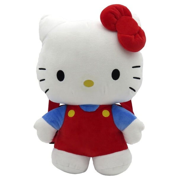 Sac à dos peluche Hello Kitty 35 cm avec bretelles ajustables, vue de face sur fond blanc.