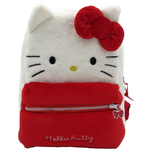 Sac à dos peluche Hello Kitty 30 cm de couleur rose avec détails en tissu doux, vue de face.