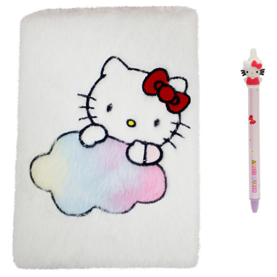Set Hello Kitty comprenant un carnet en peluche douce et un stylo effaçable sur fond blanc, dimensions 24x2,6x2,6 cm.