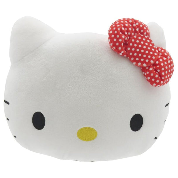 Tirelire peluche Hello Kitty de face, montrant le visage doux et les détails du personnage en peluche rose et blanc