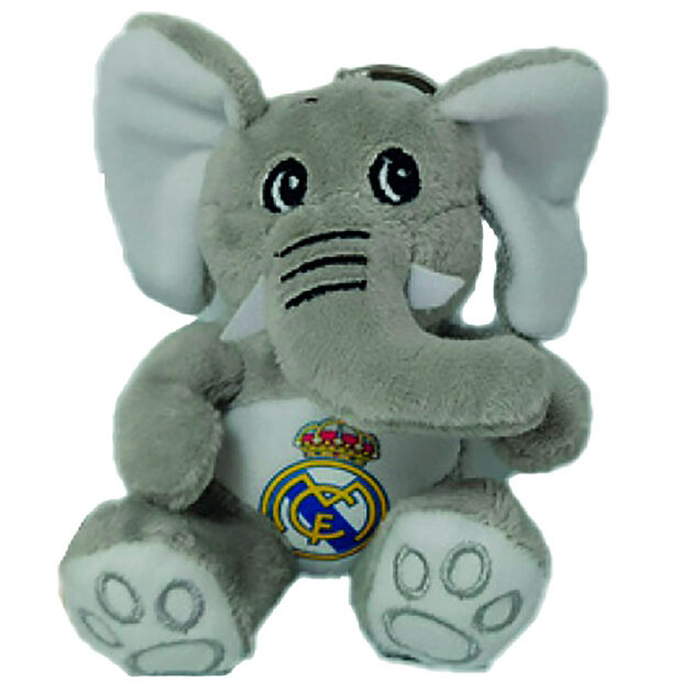 Porte-clés peluche éléphant Real Madrid de couleur blanche et bleue, avec logo officiel, dimensions 7x7,5x10,5 cm.