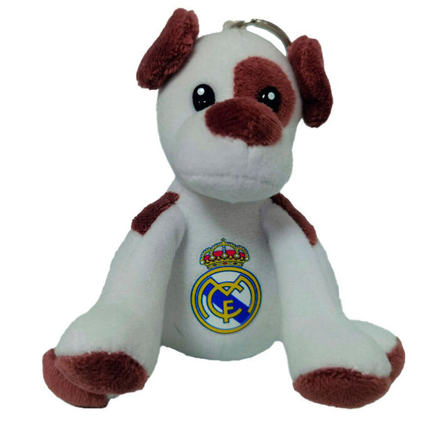 Porte-clés peluche chien Real Madrid officiel de taille compacte, avec logo visible, idéal pour fans et collectionneurs.
