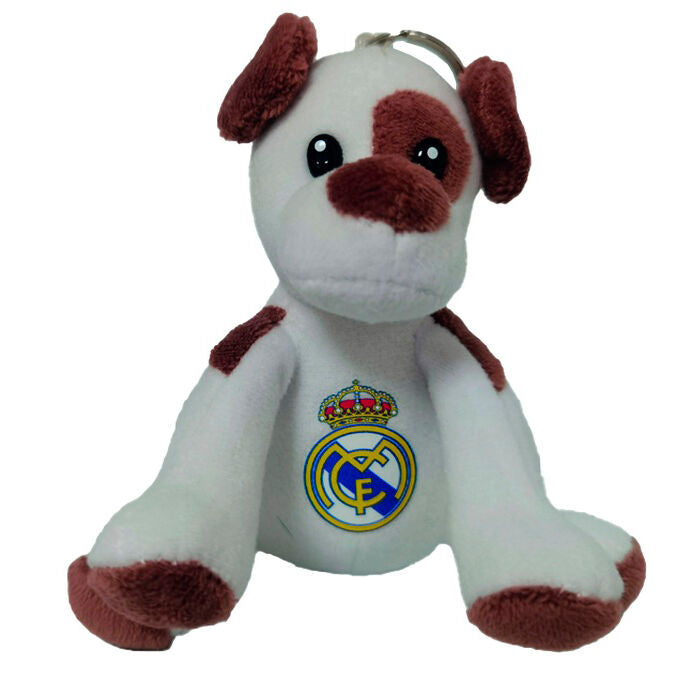 Porte-clés peluche chien Real Madrid officiel de taille compacte, avec logo visible, idéal pour fans et collectionneurs.
