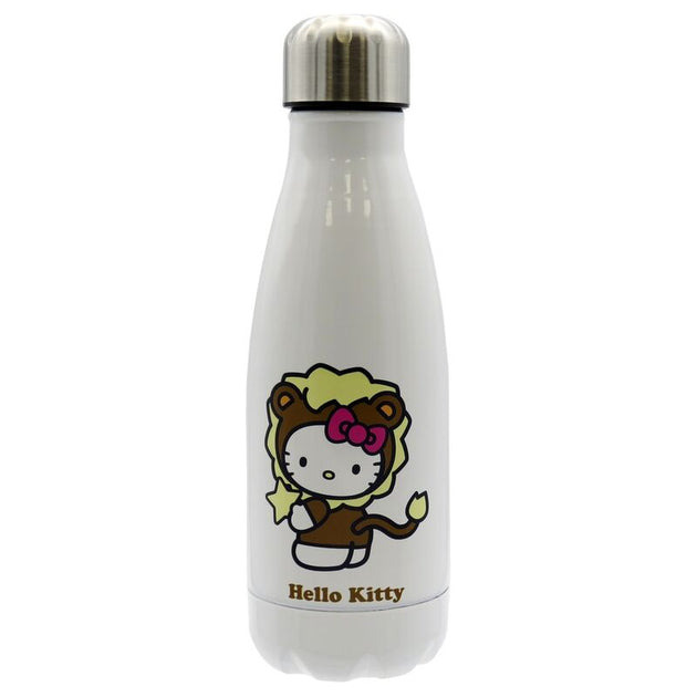 Bouteille isotherme Hello Kitty Leo en acier inoxydable 550ml avec bouchon hermétique, design élégant et compact pour garder boissons chaudes ou froides.