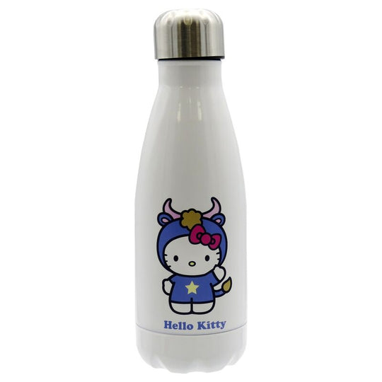 Gourde Hello Kitty Taurus en acier inoxydable 550ml avec bouchon hermétique, design rose et blanc, idéale pour boissons chaudes et froides.