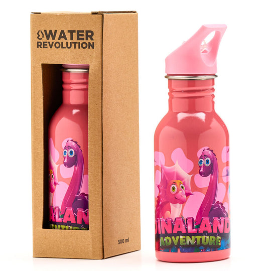 Vue rapprochée de la gourde Water Revolution Dinaland montrant sa finition en acier inoxydable et sa taille compacte